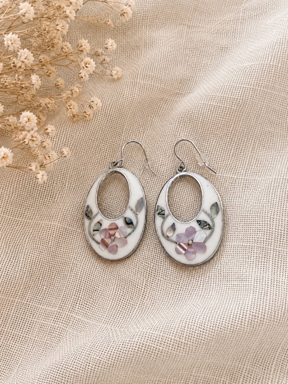 Vintage Alpaca Mexico Mother of Pearl & Abalone Floral Dangle Earrings - Picture 1 of 4